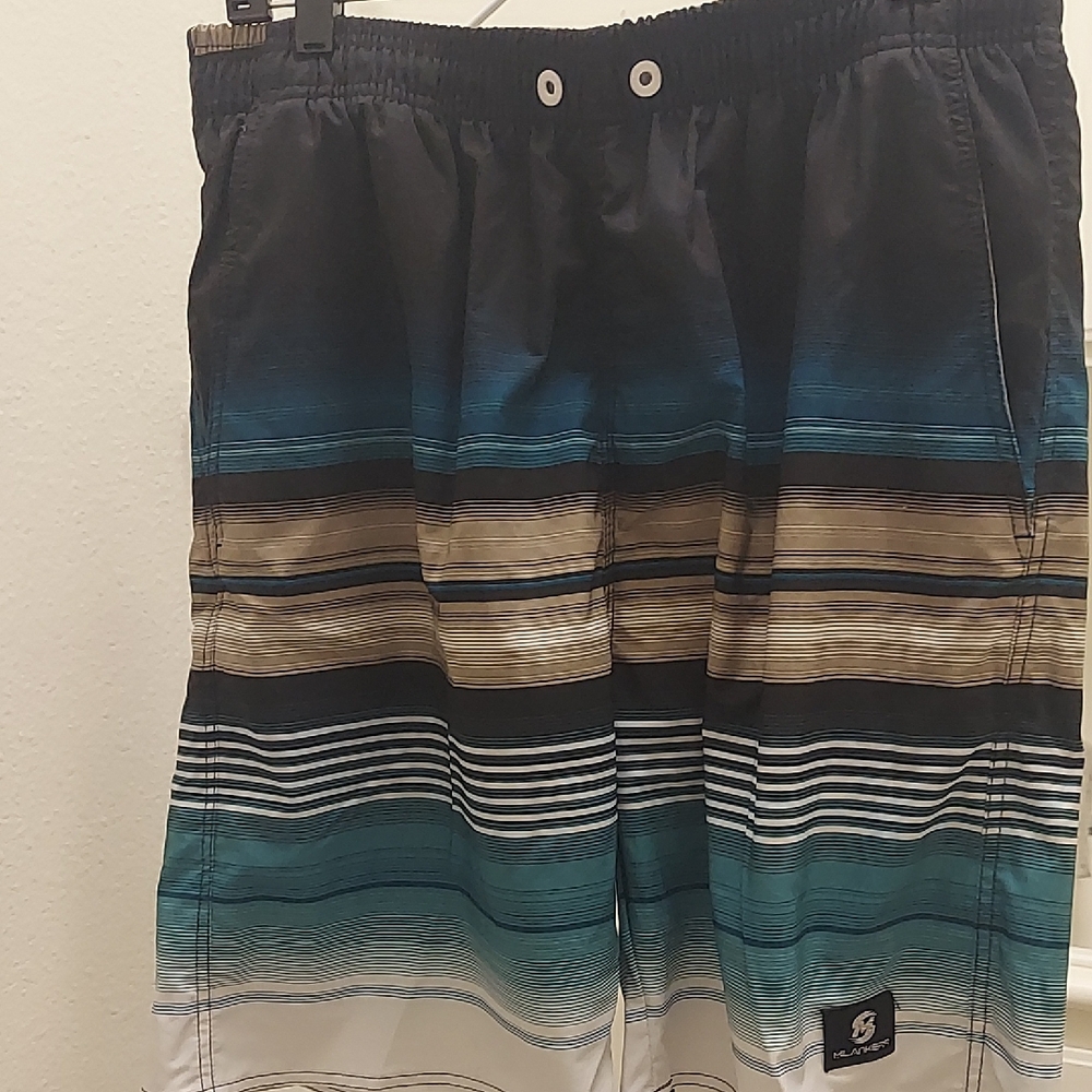 Stylish Men's Swim Board Shorts - Black, Blue, and Tan Stripes